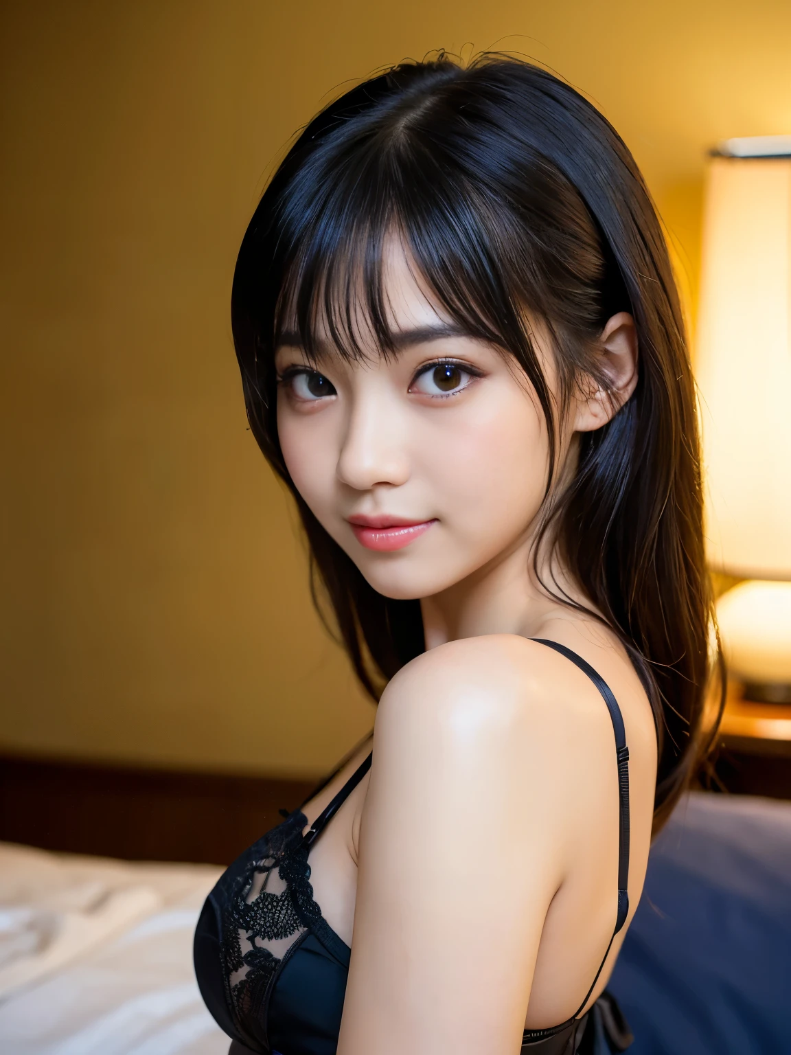 (Best-quality, Masterpiece, Ultra-High-Resolution, (Photorealistic:1.4), Raw Photo, depth of field, professional lighting, perfect anatomy, extremely details), 1girl, -yeld, thost famous Japanese idol, in bedroom, looking at viewer, innocent smile, ((wearing lacy-underwear with cute-design)), (extremely cute face like the most popular Japanese idol, (extremely cute and extremely realistic big-black-eyes), extremely cute black-hair), extremely cute long-eyelashes, extremely cute lips, (((extremely beautiful and extremely realistic skins)))