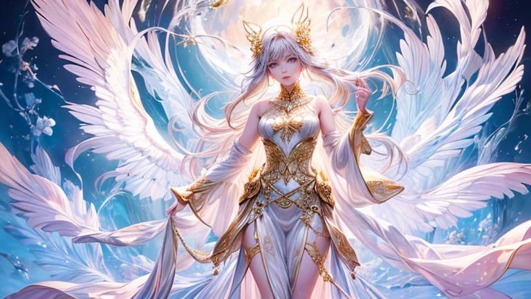 (highest quality,8k,CG,Beautiful details upper body,,Thumb Girl,Translucent coat dress,Complex facial features,length,Flowing hair,Almond-shaped eyes,Exquisite eye makeup,length fluttering eyelashes,Blinking big eyes,Starry Sky,Exquisite lip detail,Soft and harmonious style)(Top quality), (Super detail), (Hi-res) (Top quality), (Super detail), (Hi-res) cute gold angel girl, gold hair, light pink eyes, full body tantra tatto, white metallic sexy Goddess See-through costume, psychedelic healing meditation, Fantasy, beautiful concept art, wirling Elemental,, quality, UHD, from below, stained glass