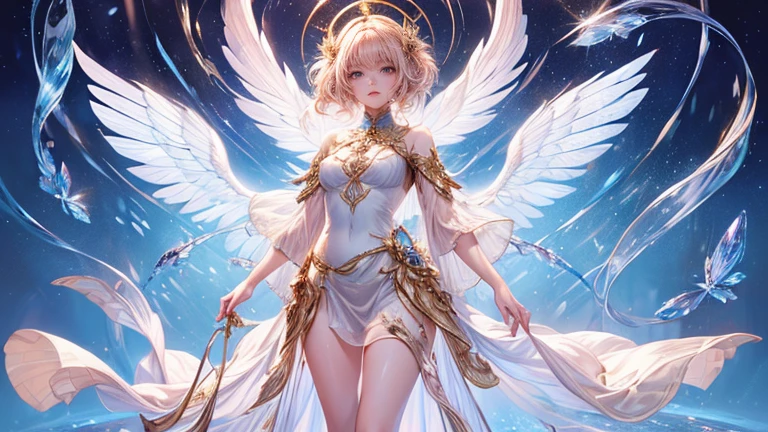 (highest quality,8k,CG,Beautiful details upper body,,Thumb Girl,Translucent coat dress,Complex facial features,length,Flowing hair,Almond-shaped eyes,Exquisite eye makeup,length fluttering eyelashes,Blinking big eyes,Starry Sky,Exquisite lip detail,Soft and harmonious style)(Top quality), (Super detail), (Hi-res) (Top quality), (Super detail), (Hi-res) cute gold angel girl, gold hair, light pink eyes, full body tantra tatto, white metallic sexy Goddess See-through costume, psychedelic healing meditation, Fantasy, beautiful concept art, wirling Elemental,, quality, UHD, from below, stained glass