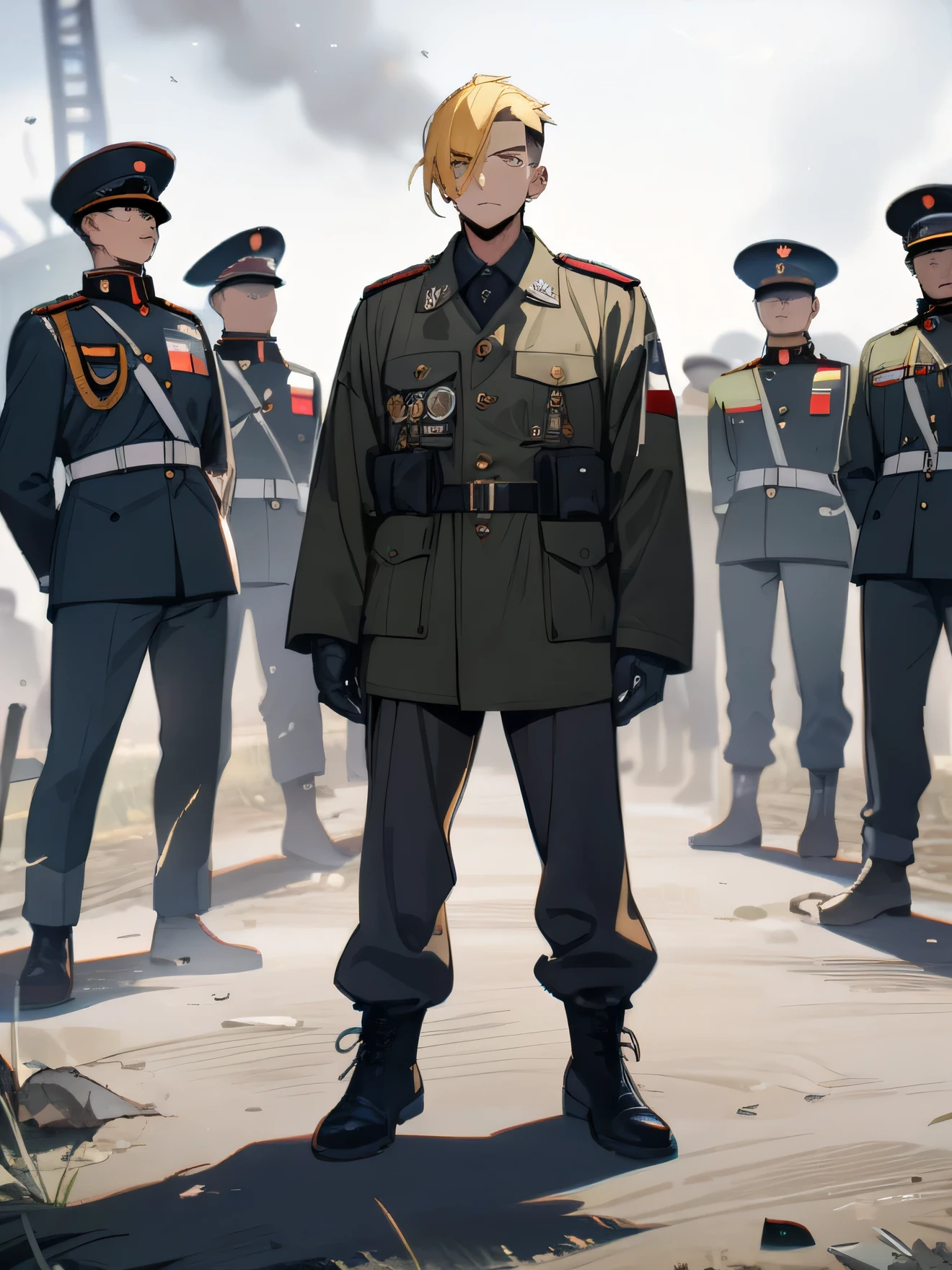 1youngman, yellow hair, undercut hairstyle, yellow eyes, wearing russian army commander outfi at battlefield, full body, masterpiece, best quality,