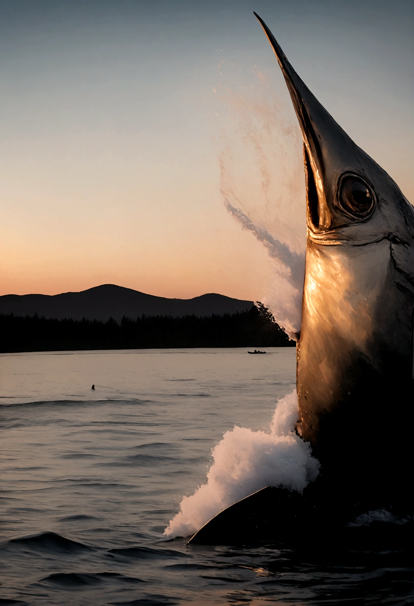 Hyperrealistic photo of a fisherman and a lake at sunset