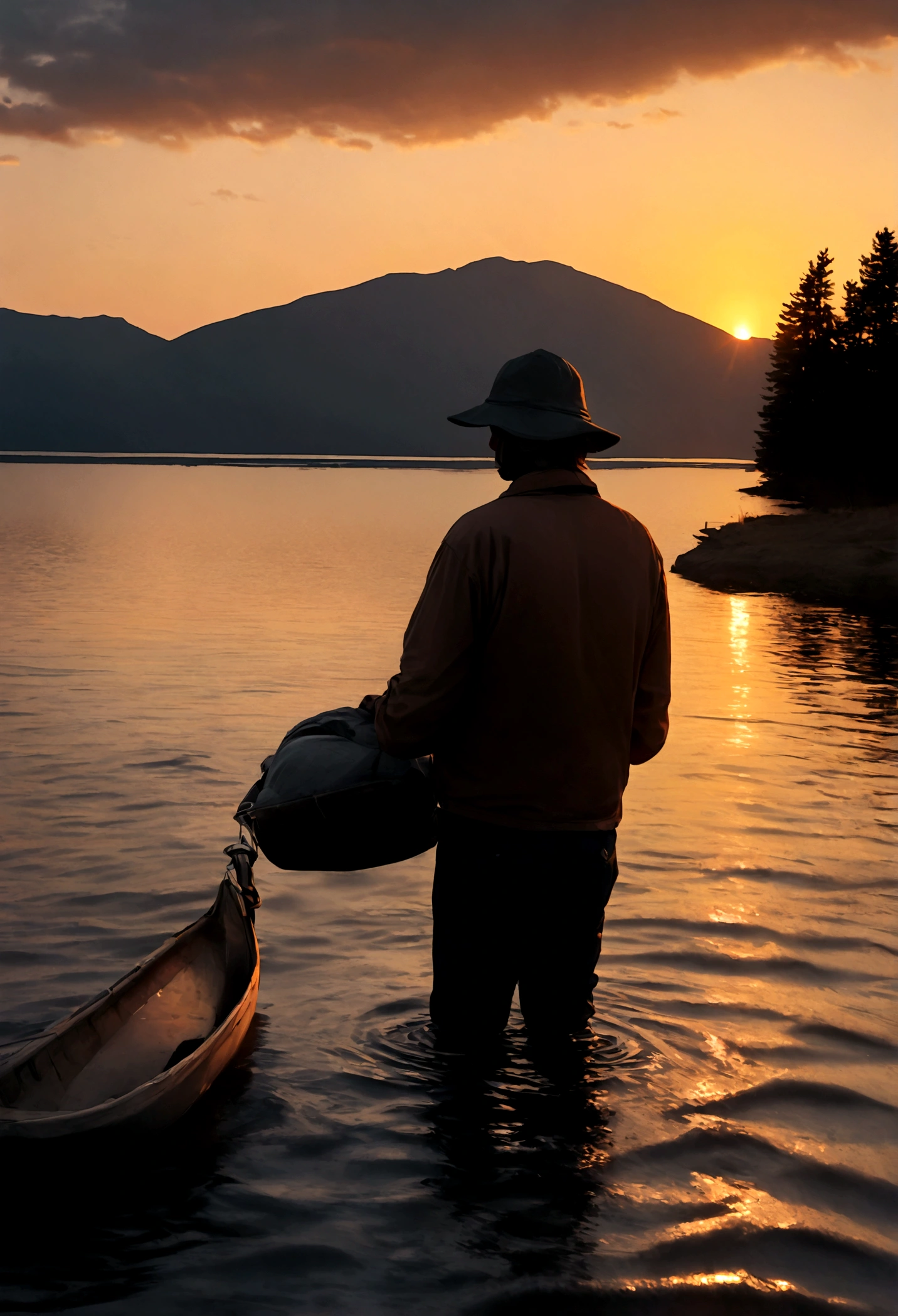 Hyperrealistic photo of a fisherman and a lake at sunset