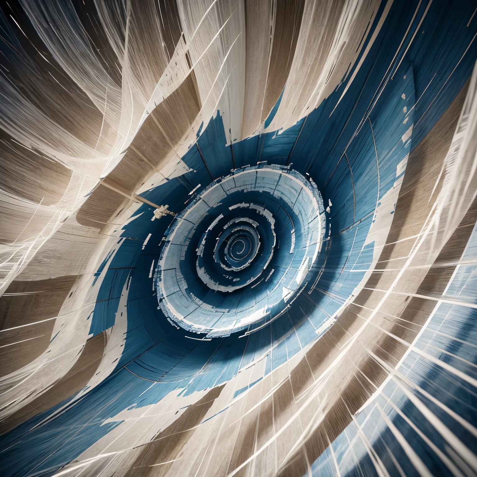 Hight quality, more detail, Make an abstract illustration depicting a wind vortex. Use swirling lines and dynamic shapes to create a sense of movement and wind power. Choose a color palette dominated by blue and white, with gradients that reflect changes in wind intensity and speed. Add small elements like leaf debris or windblown dust to provide additional detail. Make sure the overall composition gives the impression of being dynamic and full of energy, as if the vortex is moving and alive
