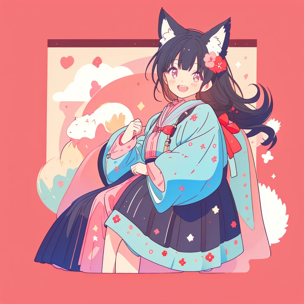 15-year-old girl、Black Hair、Slanted Eyes、Look diagonally forward、Long sleeve、solo、Fox ears、A big smile、Double teeth