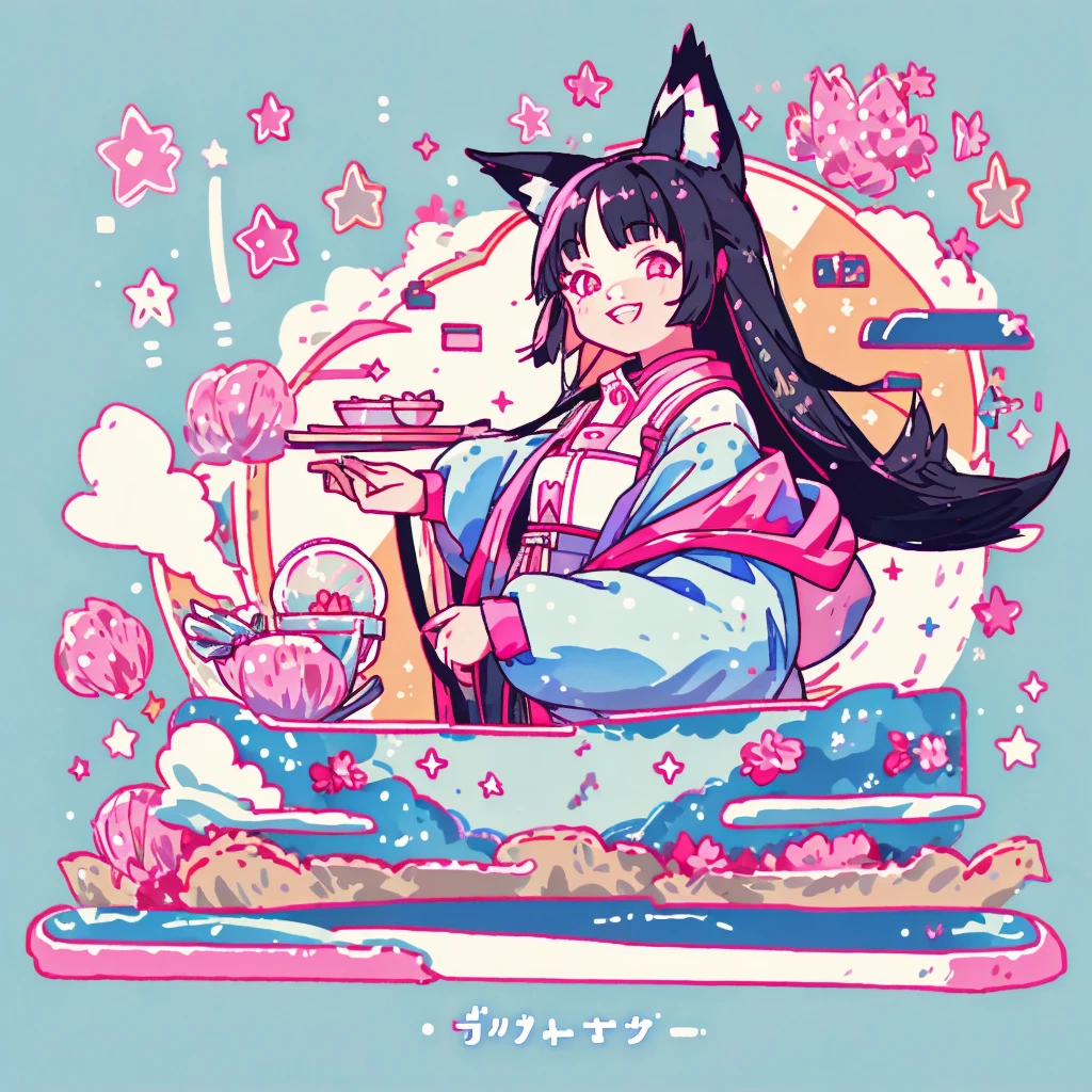 15-year-old girl、Black Hair、Slanted Eyes、Look diagonally forward、Long sleeve、solo、Fox ears、A big smile、Double teeth