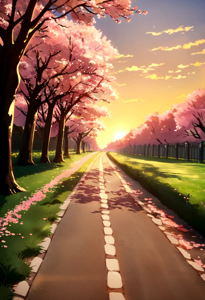 A sunset bike ride along a cherry blossom-lined path