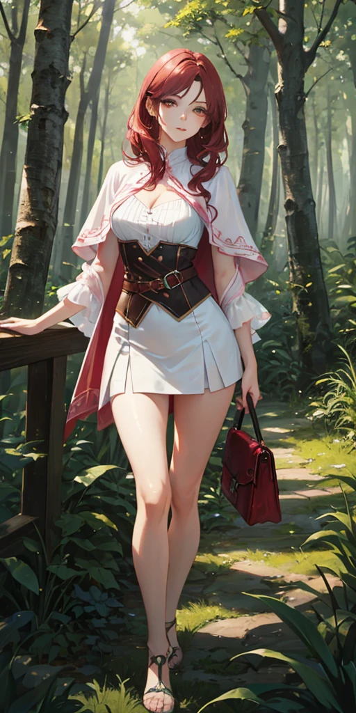 a youthful age girl with crimson red hair, pink-brown eyes, eyeliner, dark eyeshadow, beautiful delicate face, pale smooth skin, walking in a forest with trees and grass under a cloudy sky, wearing a white blouse with a capelet, a tight mini skirt and a waist belt pouch, with a slim, lithe, slender figure, round hips, thin waist, long legs, round breasts, a small serene smile, open expressive eyes, extremely detailed face and eyes, cinematic lighting, color oil painting, realistic proportions and good anatomy, solo portrait