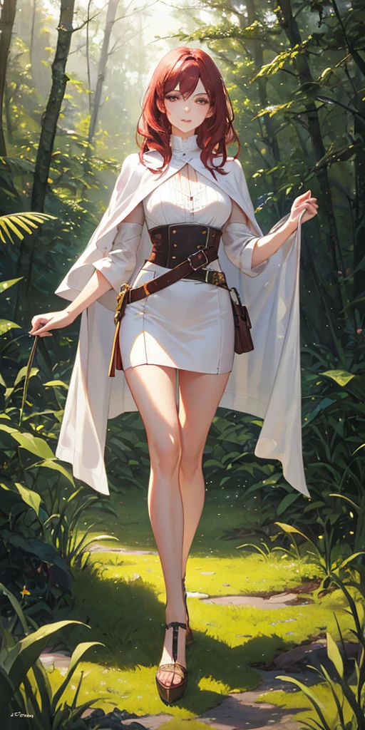 a youthful teenage girl with crimson red hair, pink-brown eyes, eyeliner, dark eyeshadow, beautiful delicate face, pale smooth skin, walking in a forest with trees and grass under a cloudy sky, wearing a white blouse with a capelet, a tight mini skirt and a waist belt pouch, with a slim, lithe, slender figure, round hips, thin waist, long legs, round breasts, a small serene smile, open expressive eyes, extremely detailed face and eyes, cinematic lighting, color oil painting, realistic proportions and good anatomy, solo portrait