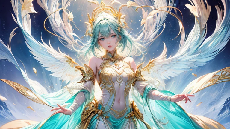 (highest quality,8k,CG,Beautiful details upper body,,Thumb Girl,Translucent coat dress,Complex facial features,length,Flowing hair,Almond-shaped eyes,Exquisite eye makeup,length fluttering eyelashes,Blinking big eyes,Starry Sky,Exquisite lip detail,Soft and harmonious style)(Top quality), (Super detail), (Hi-res) (Top quality), (Super detail), (Hi-res) cute gold angel girl, gold hair, light green eyes, full body tantra tatto, white metallic sexy Goddess See-through costume, psychedelic healing meditation, Fantasy, beautiful concept art, wirling Elemental,, quality, UHD, from below, stained glass