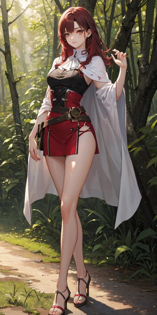 a youthful  girl with crimson red hair, pink-brown eyes, eyeliner, dark eyeshadow, beautiful delicate face, pale smooth skin, walking in a forest with trees and grass under a cloudy sky, wearing a white blouse with a capelet, a tight mini skirt and a waist belt pouch, with a slim, lithe, slender figure, round hips, thin waist, long legs, round breasts, a small serene smile, open expressive eyes, extremely detailed face and eyes, cinematic lighting, color oil painting, realistic proportions and good anatomy, solo portrait