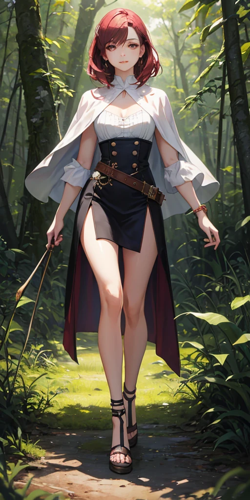 a youthful age girl with crimson red hair, pink-brown eyes, eyeliner, dark eyeshadow, beautiful delicate face, pale smooth skin, walking in a forest with trees and grass under a cloudy sky, wearing a white blouse with a capelet, a tight mini skirt and a waist belt pouch, with a slim, lithe, slender figure, round hips, thin waist, long legs, round breasts, a small serene smile, open expressive eyes, extremely detailed face and eyes, cinematic lighting, color oil painting, realistic proportions and good anatomy, solo portrait