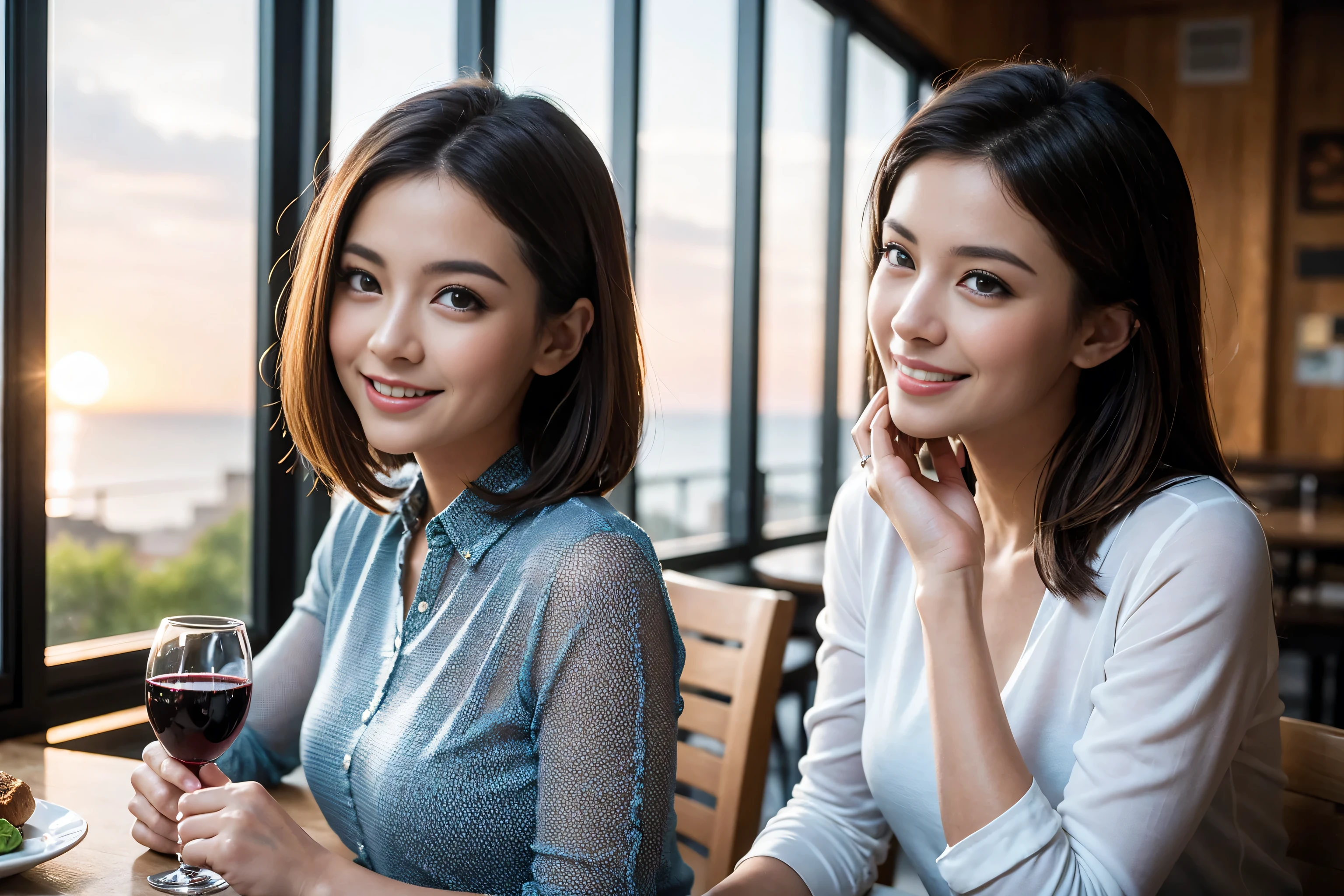 ((highest quality、8k、masterpiece:1.3))、Sharp focus:1.2、Beautiful woman perfect body:1.4、Slim body、Couple、Lovers、((Bob Hale、Straight hair:1.2))、(to be born, highest quality, masterpiece:1.5), (Realistic, Intricate details:1.2), Ultra-high resolution, Amazing view of the sunset sky and clouds、A bright smile、A lovely woman with a smile、Bright image、2. The beauty of wine, Beautiful Face, blue eyes, The light shines on your face, Blushing, short hair,Bright Face、 (42 years old), 39 years old, Lady、red wine 、Appetizers、Italian food、Wine bottle、Champagne、sparkling wine、Two beauties、Brown Hair、Shortcuts、Long sleeve shirt、dress、Pretty Woman 1, (Slim face), (The body is slim), (Brown Hair), (Shortcuts), cheeks turn a little red,Attractive beauty、, Out of the window, A beautiful and detailed night view unfolds.........., restaurant, In a prominent place (From the waist up) Nova Frog Style, actress, model, Upper Body, White wine, slim, wine glass, Wine glass placed in the center, smile, (smile: 1.15), Beautiful fine grain, Depth f/2,saturation, High Contrast, Strong light and shadow,Moist Body:1.5、3D texture、Delicate eyes、Brown Hair、The hair is very shiny、