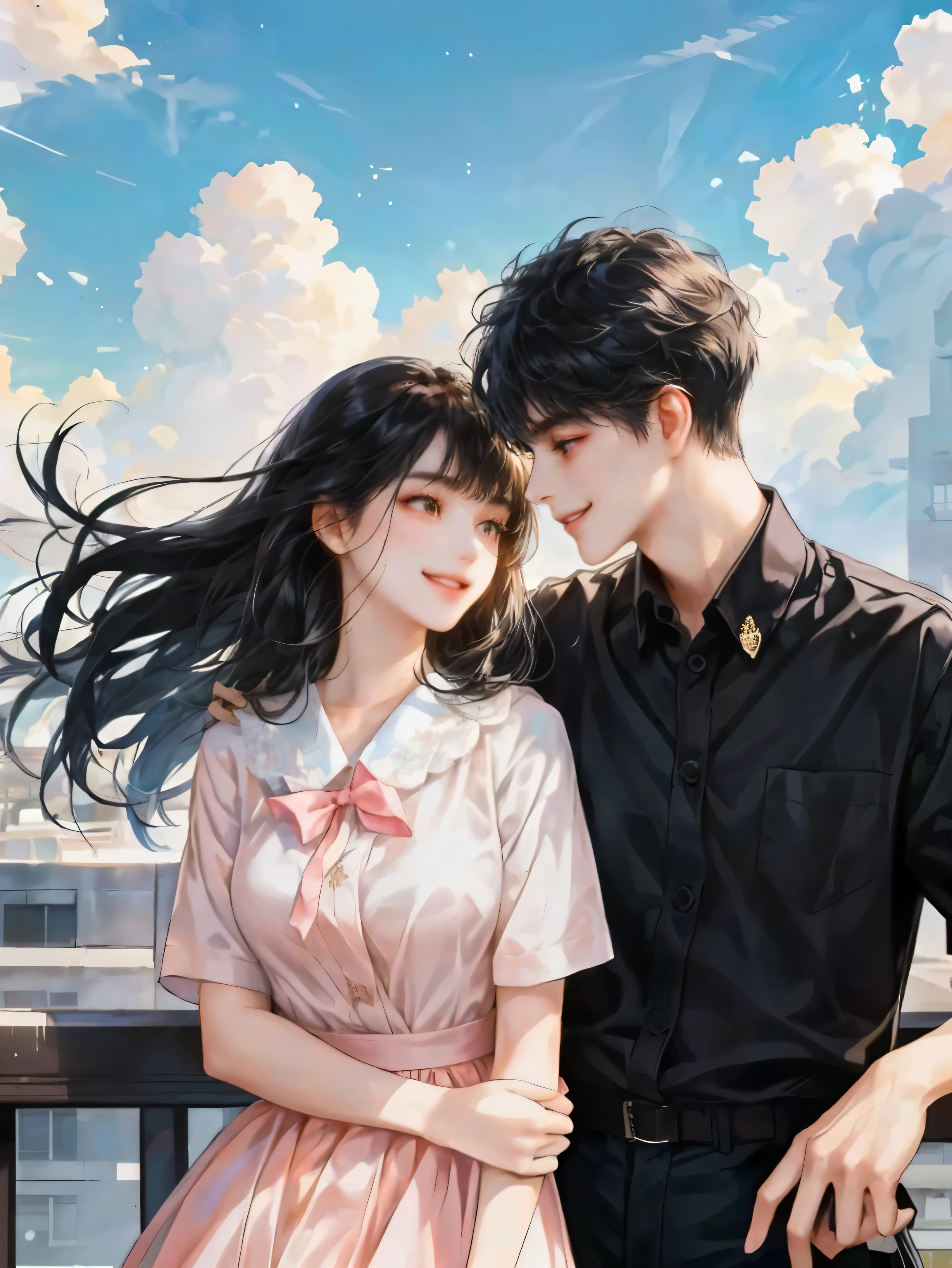 Anime couple in love standing on a balcony with a city in the ...