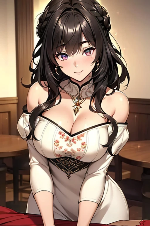 (((Masterpiece))),(((Super Detail))),(((in 8K))),(((best composition))),(((Rim lighting,Fireglow effect,deep shadow))),solo),Beautiful fingers,Detailed finger features,(Detailed hair features:1.7),(Dynamic and sexy bending pose:1.3),detailed facial features,detailed clothes features, (perky chest:1.1), (pointed chest:1.3), delicate beautiful face, Bright blue eyes, cute eyes, sparkling eyes, Big eyes, beautiful detailed eyes,double bun with glittering hair ornament:0.6,(super detailed glossy skin:1.3),slender body,goddess smile,((with sparkling eyes and a contagious smile)),beautiful posture,have a cup of coffee,black hair, red eyes, dress, bare shoulders, jewelry, collarbone, sidelocks, hairband, earrings, indoors, off shoulder, sweater, arms behind back, plant, short hair with long locks, white hairband, off-shoulder dress, sweater dress, off-shoulder sweater, red sweater, big side hair, very long side hair,(super delicate floral pattern:1.2),seductive cleavage:1.3,beautiful glossy legs,shiny red high heels,lifting dishes with cakesd,french restaurant,hustle and bustle,rising steam,(((depth of fields)))
