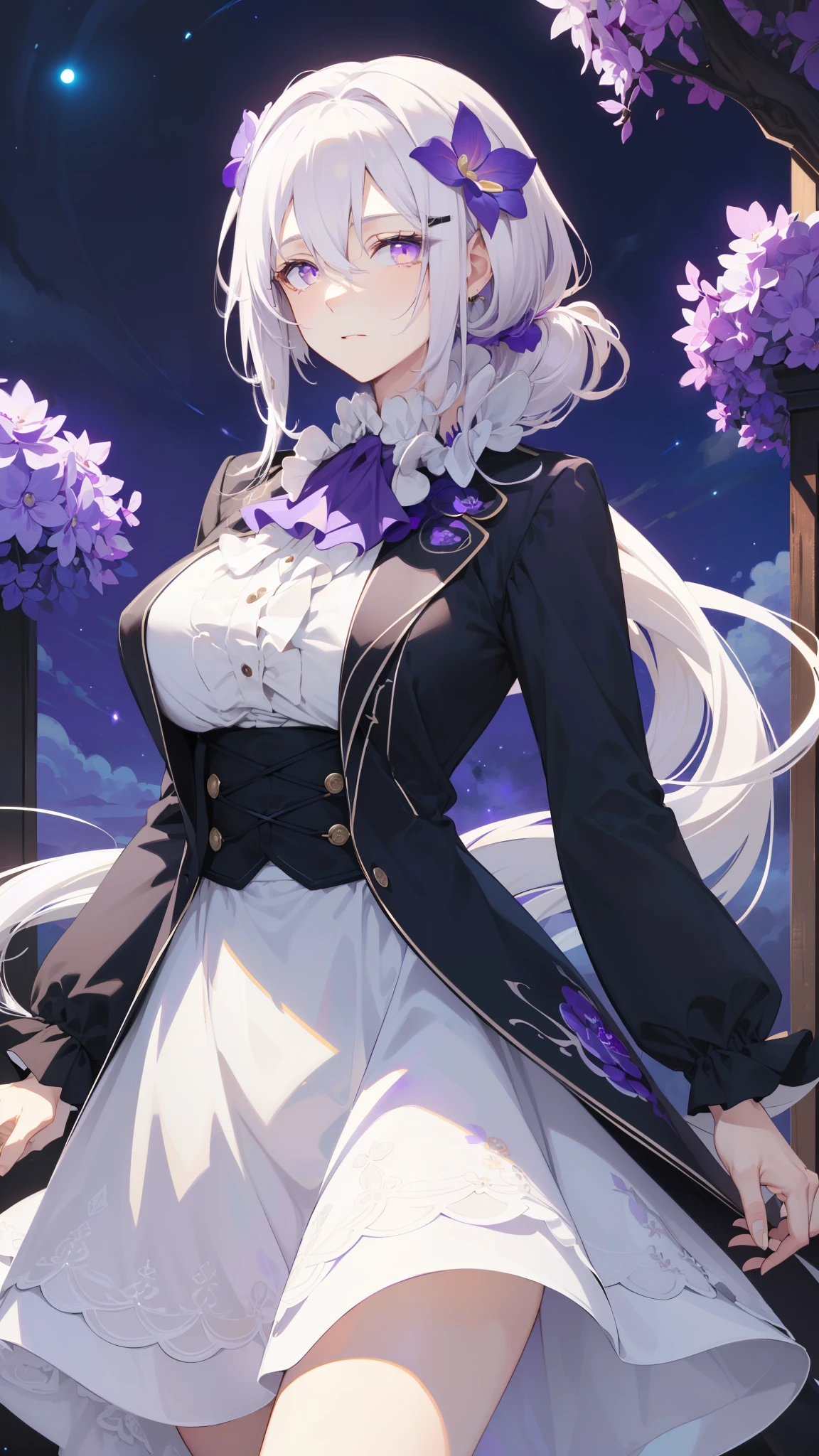 (best quality:1.3), (masterpiece:1.3), (illustration:1.3), (ultra-detailed:1.3), 1girl, (((large breasts))), ((((purple eyes))), (((white hair))), hair ornaments, tall, mature, long hair, black suit, ascot, long sleeves, skirt, dressaug, hair between eyes, purple flowers, looking at viewer, hair ornament, night sky, glowing purple flowers, french braids, nice hands, perfect hands, mature, low ponytail, 