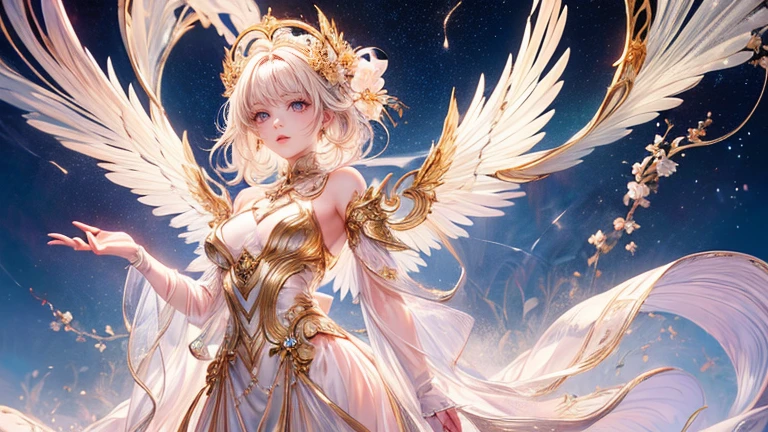 (highest quality,8k,CG,Beautiful details upper body,,Thumb Girl,Translucent coat dress,Complex facial features,length,Flowing hair,Almond-shaped eyes,Exquisite eye makeup,length fluttering eyelashes,Blinking big eyes,Starry Sky,Exquisite lip detail,Soft and harmonious style)(Top quality), (Super detail), (Hi-res) (Top quality), (Super detail), (Hi-res) cute gold angel girl, gold hair, light red eyes, full body tantra tatto, white metallic sexy Goddess See-through costume, psychedelic healing meditation, Fantasy, beautiful concept art, wirling Elemental,, quality, UHD, from below, stained glass
