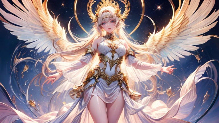 (highest quality,8k,CG,Beautiful details upper body,,Thumb Girl,Translucent coat dress,Complex facial features,length,Flowing hair,Almond-shaped eyes,Exquisite eye makeup,length fluttering eyelashes,Blinking big eyes,Starry Sky,Exquisite lip detail,Soft and harmonious style)(Top quality), (Super detail), (Hi-res) (Top quality), (Super detail), (Hi-res) cute gold angel girl, gold hair, light red eyes, full body tantra tatto, white metallic sexy Goddess See-through costume, psychedelic healing meditation, Fantasy, beautiful concept art, wirling Elemental,, quality, UHD, from below, stained glass