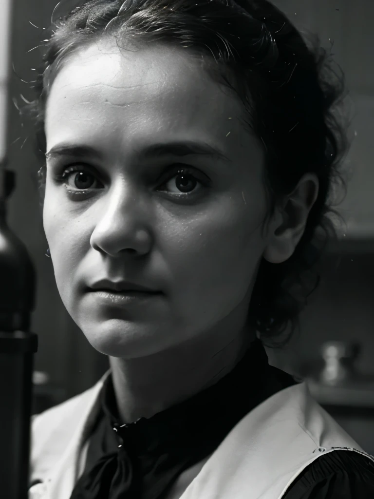 Marie Curie as young woman, topless, in laboratory, ultra detailed face, year 1890