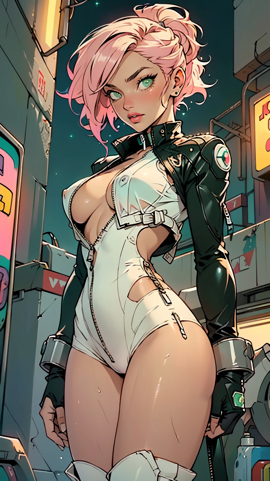 Shyla Stylez as a girl spacepunk,(((1girl))),((beautiful girl with cute blonde hair)), (large breasts:1.4),saggy breasts,((pink messy hair,colored inner hair, ear breathing,intricate cut hair,((short hair tied up)))),(((green_eyes:1.3))),intricate eyes,beautiful detailed eyes, symmetrical eyes,((fat)),(((lustrous skin:1.5,bright skin: 1.5,skin tanned,shiny skin,very shiny skin,shiny body,plastic glitter skin,exaggerated shiny skin,illuminated skin,wet legs))),(spider lower abdomen,narrow waist,wide hip,athletic body,inflated legs, thick thighs,detailed body,(detailed face)), cute,slutty,seductive,erotic,(((nsfw))), zettai ryouiki,revealing clothing,show skin,((underboob:1.5)),(cleavage),(semi-naked,with little clothing),((tiny micro thong:1.3)),(visible thong straps:1.3),((underpants strap)),(((tiny futuristic white spandex suit,long sleeve, zipper crop suit, zipper slightly unzipped))),((heavy boots over the knee, white boots)),((micro superhero suit,military patches)),(((white clothes, white outfit, wet clothes,intricate outfit,intricate clothes))), (dynamic pose:1.0),solo focus,embarrassed,(centered,scale to fit dimensions,Rule of thirds), cyberpunk city by the ocean at night, with bright neon signs and dark stormy clouds and puddles, scenery:1.25,nighttime, starry night, cosmos,Very dark night that makes the neon lights stand out, very bright neon lights,nighttime, starry night, cosmos, artistic photography,(photography taken by sldr),highres, sharp focus,(ultra detailed, extremely detailed), (photorealistic artwork:1.37),(extremely detailed CG unity 8k wallpaper),((synthwave background theme)),(((vibrant colors))),intricate,(intricate background),(masterpiece),(best quality),perfect rendered face,perfect face details,realistic face,photo realistic,analog style,((intricate detail)),(((realism))),