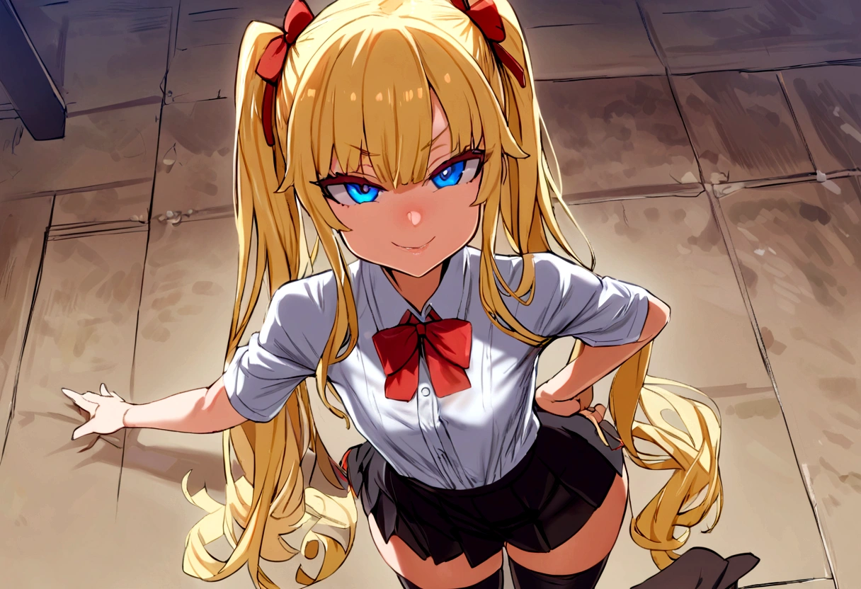 masterpiece, best quality, 1girl, solo, bangs, long hair, twin tails, blonde hair, blue eyes, smirk, smile, small breasts, white blouse, short sleeves, red bow, black skirt thigh-highs, , looking dawn at viewer