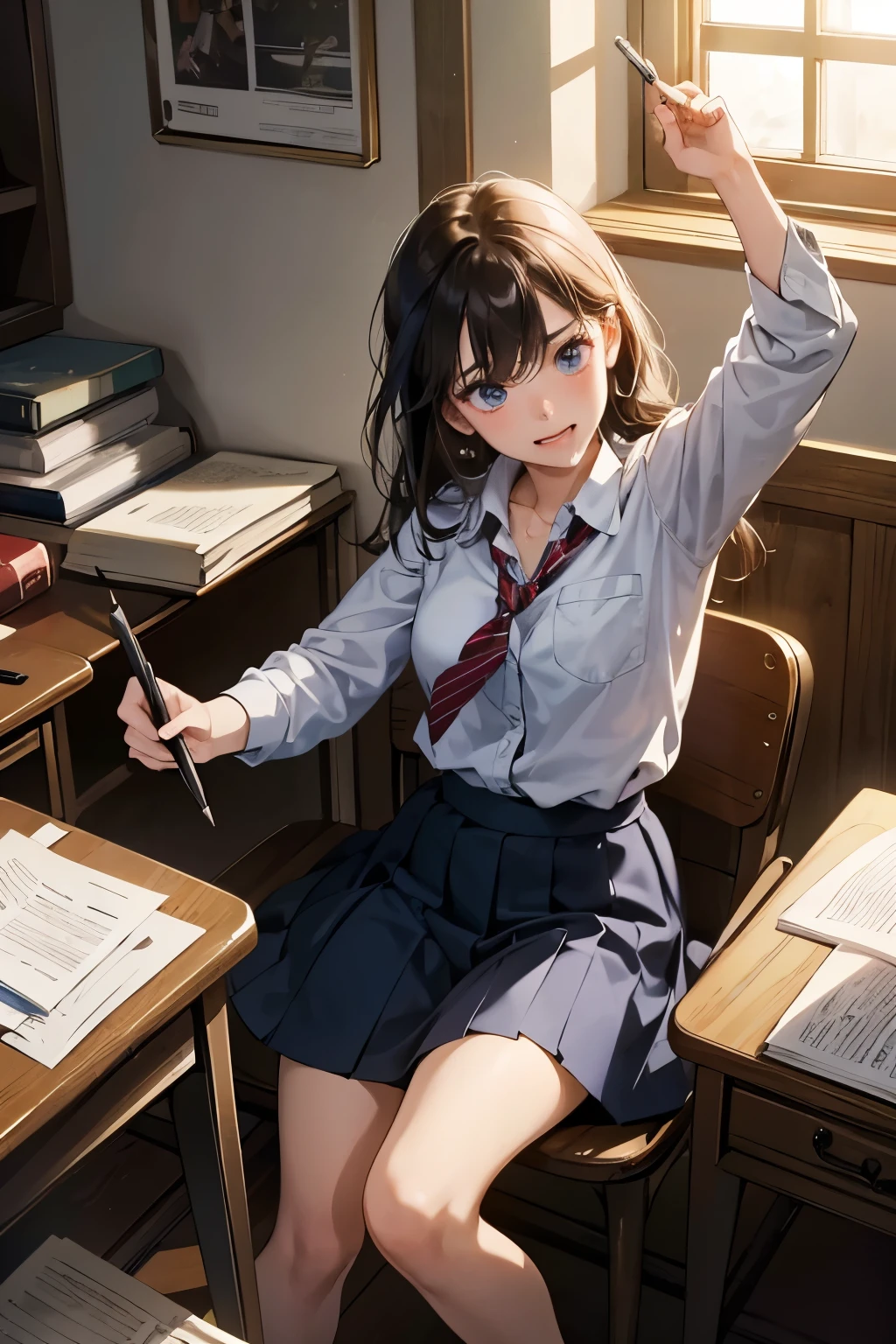 (High resolution: 1.4, Ultra-detailed: 1.2), A crowded room filled with students, intense focus, a young student at the front, crammed desks, papers scattered, sweaty palms, nervous glances, books tossed aside, hands shaking holding a pen tip poised, a determined look etched on the face, the clock striking the final bell, an eruption of relief, eyes wide, mouth agape, jumping up in joy, followed by a slump back into the seat, a beam of light illuminating the exhausted yet triumphant student from the movies, hyper-realistic masterpiece, best quality, 8K.

(Hyper-real
