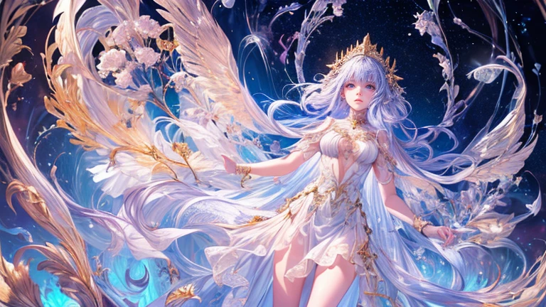 (highest quality,8k,CG,Beautiful details upper body,,Thumb Girl,Translucent coat dress,Complex facial features,length,Flowing hair,Almond-shaped eyes,Exquisite eye makeup,length fluttering eyelashes,Blinking big eyes,Starry Sky,Exquisite lip detail,Soft and harmonious style)(Top quality), (Super detail), (Hi-res) (Top quality), (Super detail), (Hi-res) cute gold angel girl, gold hair, light purple eyes, full body tantra tatto, white metallic sexy Goddess See-through costume, psychedelic healing meditation, Fantasy, beautiful concept art, wirling Elemental,, quality, UHD, from below, stained glass