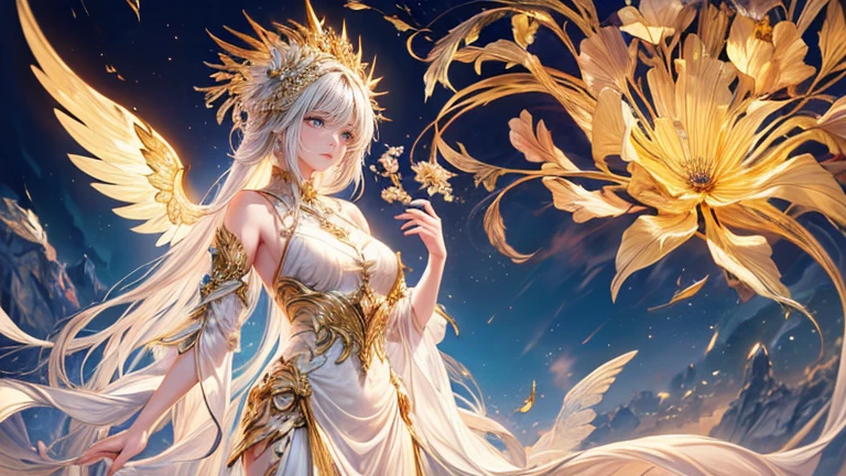 (highest quality,8k,CG,Beautiful details upper body,,Thumb Girl,Translucent coat dress,Complex facial features,length,Flowing hair,Almond-shaped eyes,Exquisite eye makeup,length fluttering eyelashes,Blinking big eyes,Starry Sky,Exquisite lip detail,Soft and harmonious style)(Top quality), (Super detail), (Hi-res) (Top quality), (Super detail), (Hi-res) cute gold angel girl, gold hair, light yellow eyes, full body tantra tatto, white metallic sexy Goddess See-through costume, psychedelic healing meditation, Fantasy, beautiful concept art, wirling Elemental,, quality, UHD, from below, stained glass