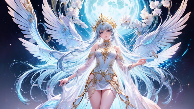 (highest quality,8k,CG,Beautiful details upper body,,Thumb Girl,Translucent coat dress,Complex facial features,length,Flowing hair,Almond-shaped eyes,Exquisite eye makeup,length fluttering eyelashes,Blinking big eyes,Starry Sky,Exquisite lip detail,Soft and harmonious style)(Top quality), (Super detail), (Hi-res) (Top quality), (Super detail), (Hi-res) cute gold angel girl, gold hair, light blue eyes, full body tantra tatto, white metallic sexy Goddess See-through costume, psychedelic healing meditation, Fantasy, beautiful concept art, wirling Elemental,, quality, UHD, from below, stained glass