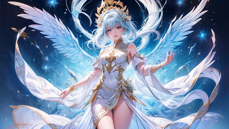 (highest quality,8k,CG,Beautiful details upper body,,Thumb Girl,Translucent coat dress,Complex facial features,length,Flowing hair,Almond-shaped eyes,Exquisite eye makeup,length fluttering eyelashes,Blinking big eyes,Starry Sky,Exquisite lip detail,Soft and harmonious style)(Top quality), (Super detail), (Hi-res) (Top quality), (Super detail), (Hi-res) cute gold angel girl, gold hair, light blue eyes, full body tantra tatto, white metallic sexy Goddess See-through costume, psychedelic healing meditation, Fantasy, beautiful concept art, wirling Elemental,, quality, UHD, from below, stained glass