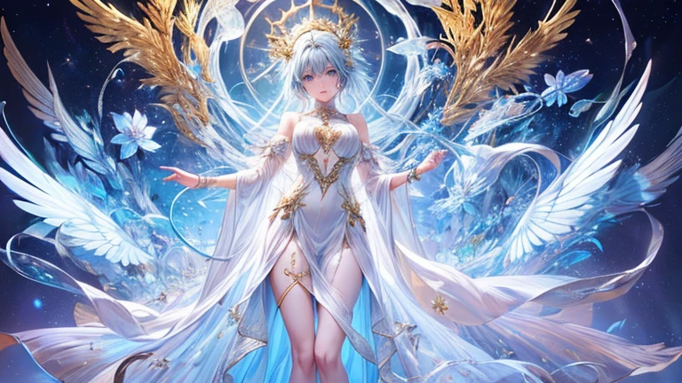 (highest quality,8k,CG,Beautiful details upper body,,Thumb Girl,Translucent coat dress,Complex facial features,length,Flowing hair,Almond-shaped eyes,Exquisite eye makeup,length fluttering eyelashes,Blinking big eyes,Starry Sky,Exquisite lip detail,Soft and harmonious style)(Top quality), (Super detail), (Hi-res) (Top quality), (Super detail), (Hi-res) cute gold angel girl, gold hair, light blue eyes, full body tantra tatto, white metallic sexy Goddess See-through costume, psychedelic healing meditation, Fantasy, beautiful concept art, wirling Elemental,, quality, UHD, from below, stained glass