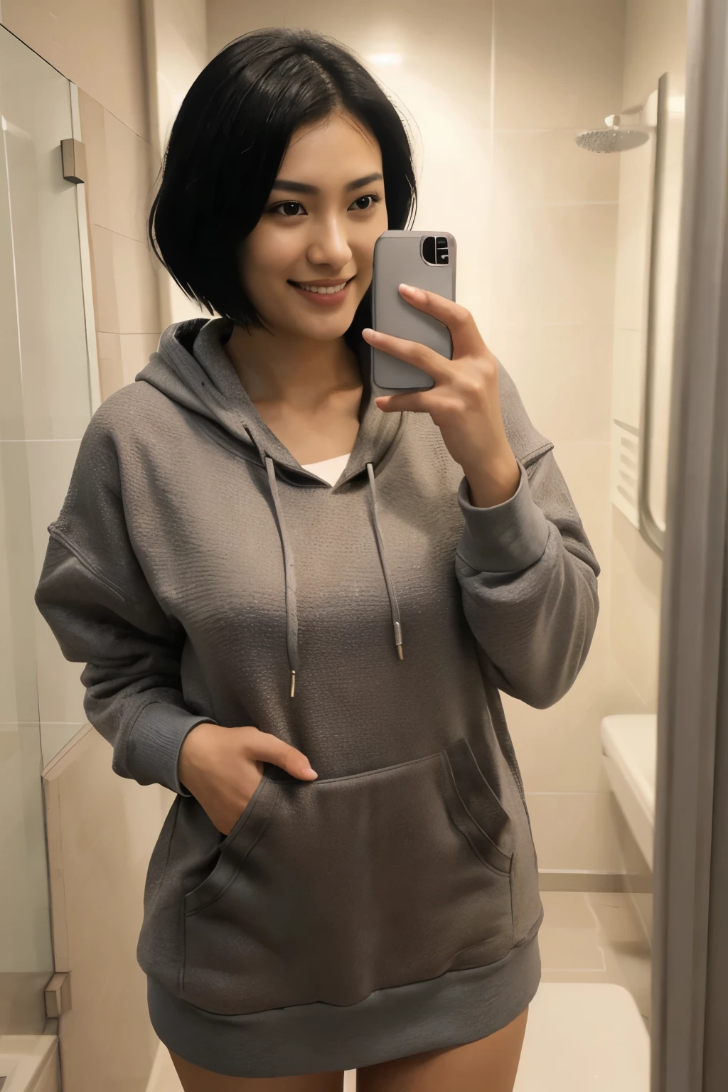 Realistic portraits, Black Hair,Short cut to shoulder length, 23 years old, beautiful, Japanese, Fine grain, (Realistic Skin:1.3), , (Textured skin:1.3), ((Grey hoodie)), smile, ((Selfie in the mirror)), ((Hold your cell phone in front of you)), (iPhone Photos), (Perfect medium sized breasts:1.1), ((Bathroom)), (Artificial lighting:1.3), Looking into the camera, Perfect slim body, Amateur Photography, Realistic, detailed,