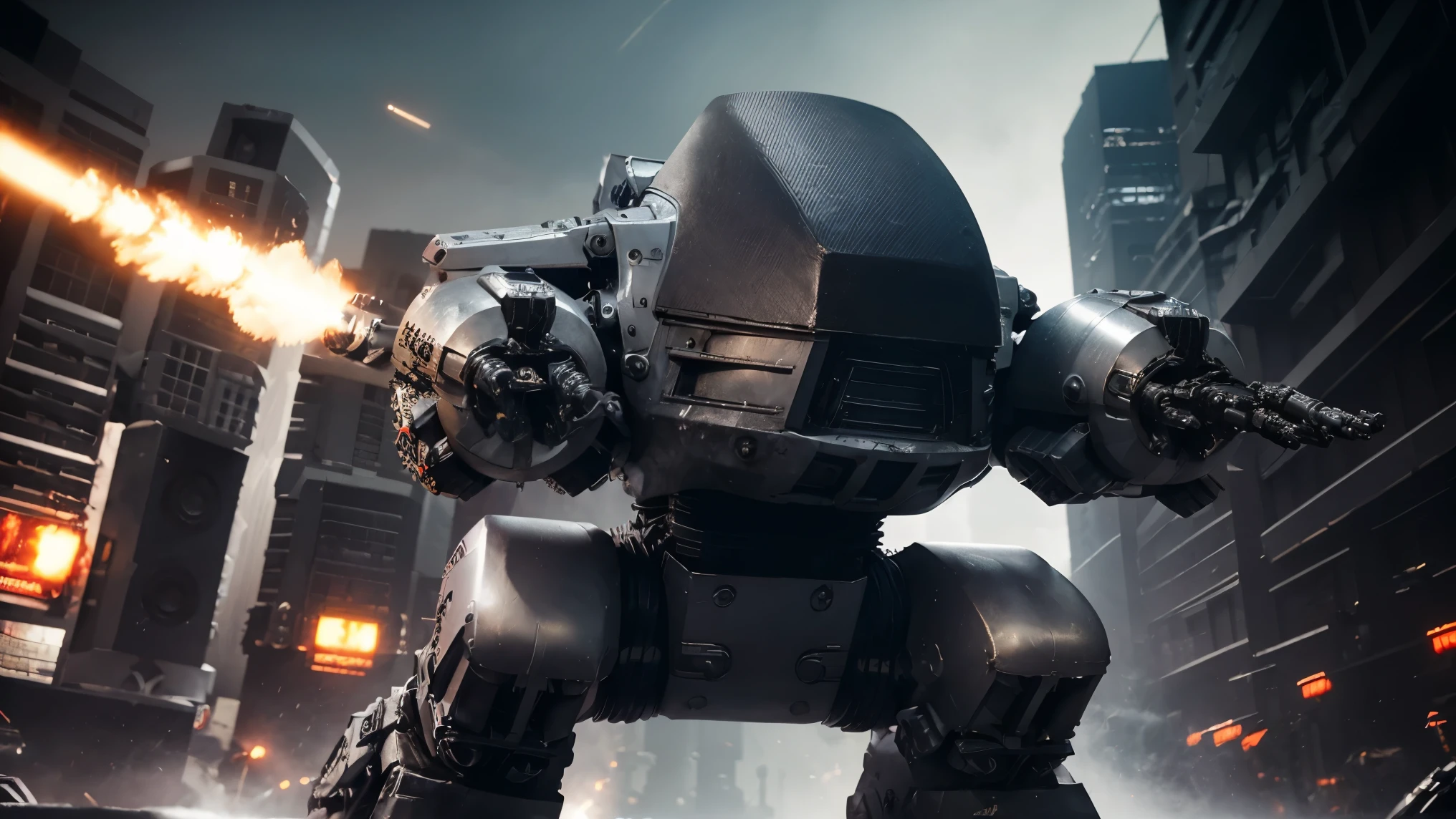 dark cyberpunk city background, police mech in cyberpunk city, mech warrior, ed-209, police lights, dark, maschine, cinematic, close up, front view, dystopian, sparks, fire, missile,