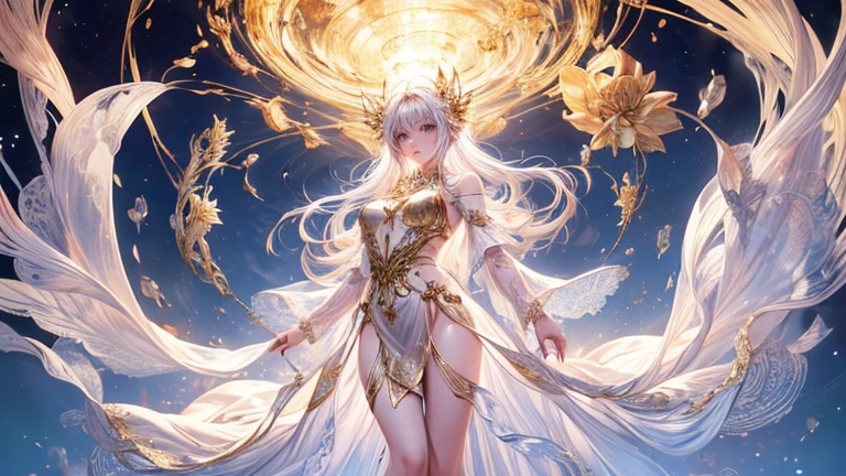 (highest quality,8k,CG,Beautiful details upper body,,Thumb Girl,Translucent coat dress,Complex facial features,length,Flowing hair,Almond-shaped eyes,Exquisite eye makeup,length fluttering eyelashes,Blinking big eyes,Starry Sky,Exquisite lip detail,Soft and harmonious style)(Top quality), (Super detail), (Hi-res) (Top quality), (Super detail), (Hi-res) cute gold angel girl, gold hair, light black eyes, full body tantra tatto, white metallic sexy Goddess See-through costume, psychedelic healing meditation, Fantasy, beautiful concept art, wirling Elemental,, quality, UHD, from below, stained glass