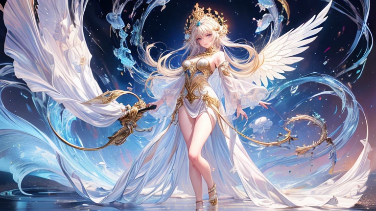 (highest quality,8k,CG,Beautiful details upper body,,Thumb Girl,Translucent coat dress,Complex facial features,length,Flowing hair,Almond-shaped eyes,Exquisite eye makeup,length fluttering eyelashes,Blinking big eyes,Starry Sky,Exquisite lip detail,Soft and harmonious style)(Top quality), (Super detail), (Hi-res) (Top quality), (Super detail), (Hi-res) cute gold angel girl, gold hair, light black eyes, full body tantra tatto, white metallic sexy Goddess See-through costume, psychedelic healing meditation, Fantasy, beautiful concept art, wirling Elemental,, quality, UHD, from below, stained glass