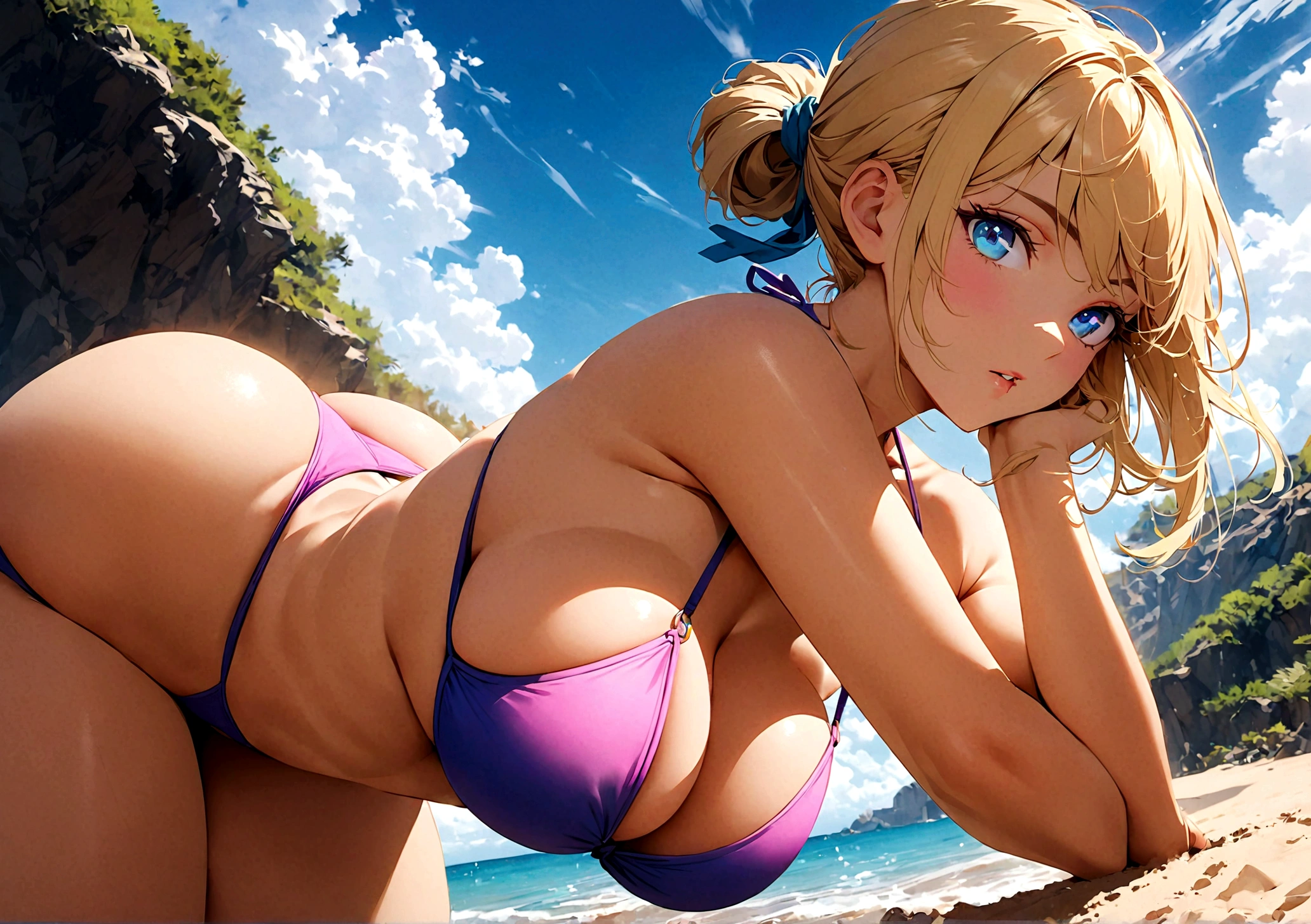 A woman with blond hair tied up and blue eyes in a bikini with big breasts and a big ass turned half-face on the sandy beach during the day.