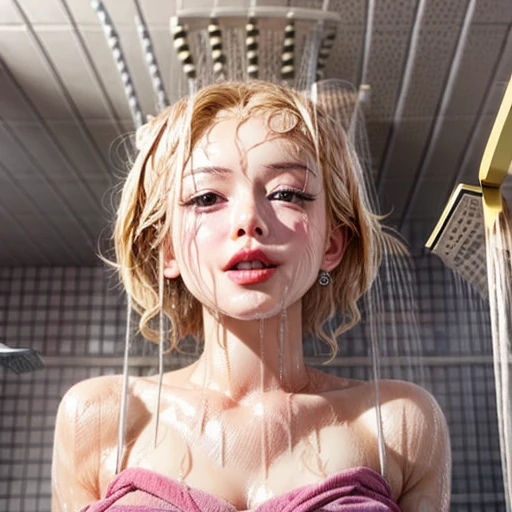 commercial Photo, face closeup, BananaFace, Banana in face, Banana awe, (White LiquidSoap dropped face and hair), facial, ahegao, Shampoo, Bubbles, ((Extremely detailed beautiful blush face and eyes)), Radiant FineSkin . BREAK Marilyn Monroe, (ShowerWater from ceiling:1.6), (Shower-Head:-1.2), wet hair, wet face, wet body, wet tube-top, splash waters, well-proportioned