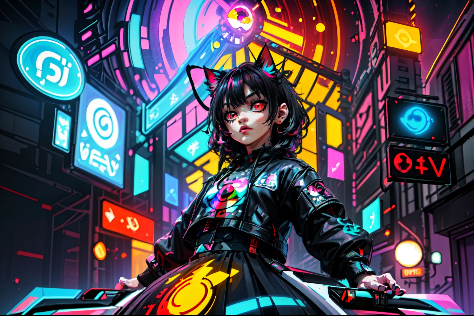  ( junkotvv pelo negro con flequillo, orejas de gato, ((ojos rojos))), Hermosos ojos detallados, Ultra-resolution, profundidad de campo), a highly detailed and intricate discord logo, (logos de redes sociales), glitch art, surreal, colorful, psychedelic, abstract, digital art, complex geometric shapes, chaotic, disorderly, asymmetrical, vibrant colors, neon, holographic, 3D render, cinematic lighting, photorealistic, 8k, best quality, masterpiece, 