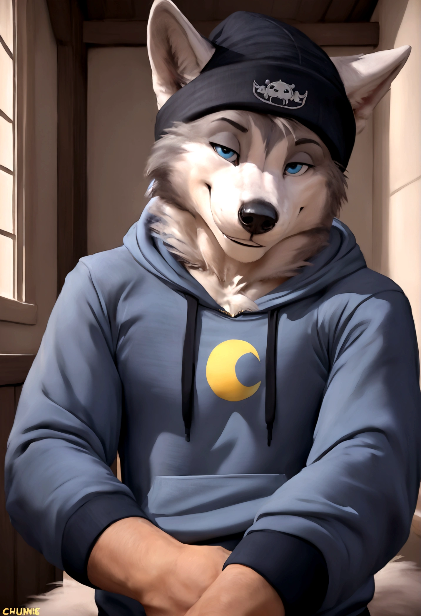 4k, high resolution, best quality, perfect colors, perfect shadows, perfect lighting, posted on e621, furry body, solo, medium full shot, anthro gray wolf, gray and white fur, sleep deprived, irritated eyes, wearing a t shirt with a death metal band logo, wearing a black open zipped down hoodie with the hood down, (anatomically correct wolf tail, detailed fingers, male, (middle-aged, mature:1.2), (skinny, average body), correct anatomy, (photorealistic fur, detailed fur, epic, masterpiece:1.2), (big modern background), (by Taran Fiddler, by Chunie, by Rukis, Bonifasko lighting), (standing), detailed blue eyes, smiling half-heartedly at the viewer, the hoodie is zipped down and showing the t shirt, the hood on the hoodie is down, t shirt is visible, head is fully visible, wearing a black beanie, he is not wearing the hood, the shirt can be seen under the hoodie
