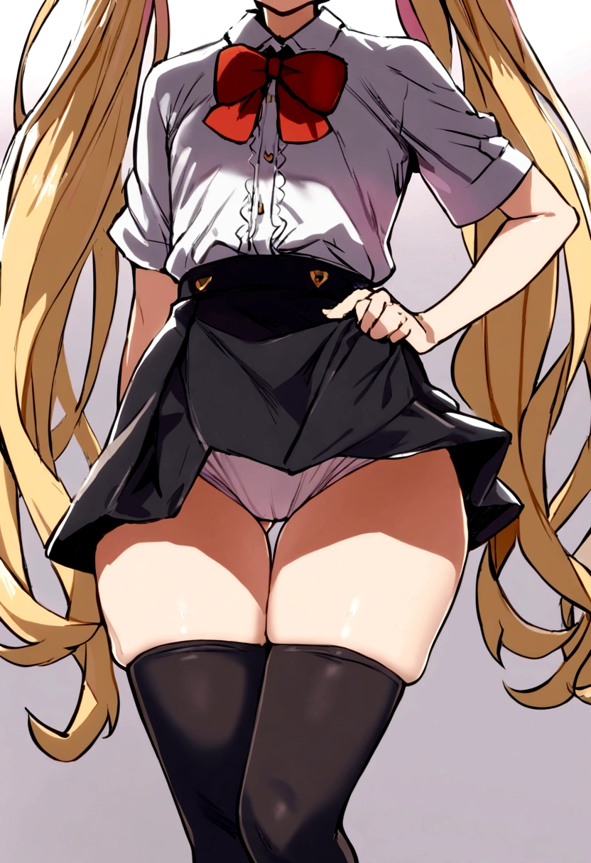 masterpiece, best quality, 1girl, solo, bangs, long hair, twin tails, blonde hair, blue eyes, smug, small breasts, white blouse, short sleeves, red bow, black skirt thigh-highs, , looking dawn at viewer, panty shot