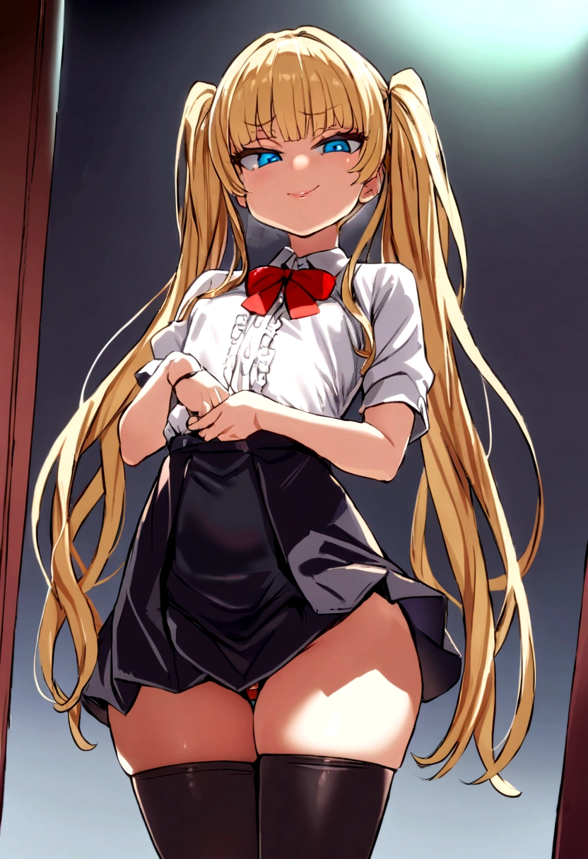 masterpiece, best quality, 1girl, solo, bangs, long hair, twin tails, blonde hair, blue eyes, smug, small breasts, white blouse, short sleeves, red bow, black skirt thigh-highs, , looking dawn at viewer, panty shot