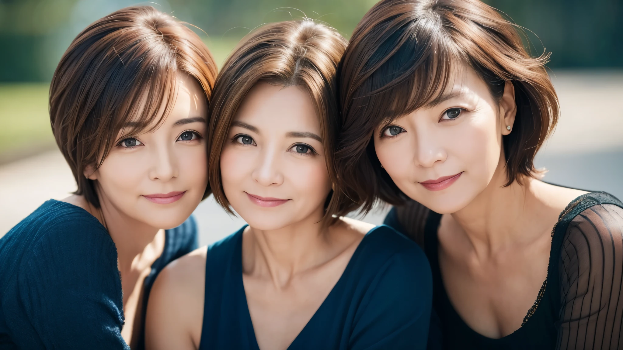 Two women in their 50s with beautiful hair Short-haired woman shoulder to shoulder looking at the camera The hair is shiny and beautiful Leaning in Side by side