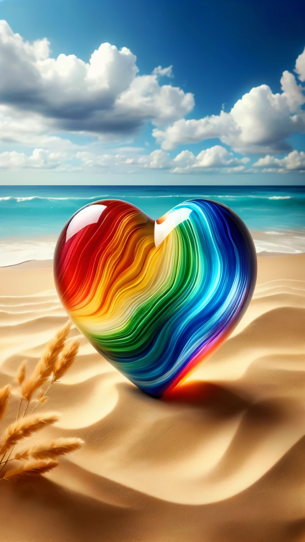 A colorful heart on the beach with blue sky, Beautiful bright colors, Color HD pictures, Beautiful and colorful, vividly Beautiful colors, Beautiful and colorful, Beautiful colors, Rainbow Colors, with Beautiful colors, Colorful glass art, Rainbow Colors, Heart Stone, Magic Heart, Color pictures, beautiful vibrant spectrum, The colors are beautiful, Beautiful colors, Rainbow reflection