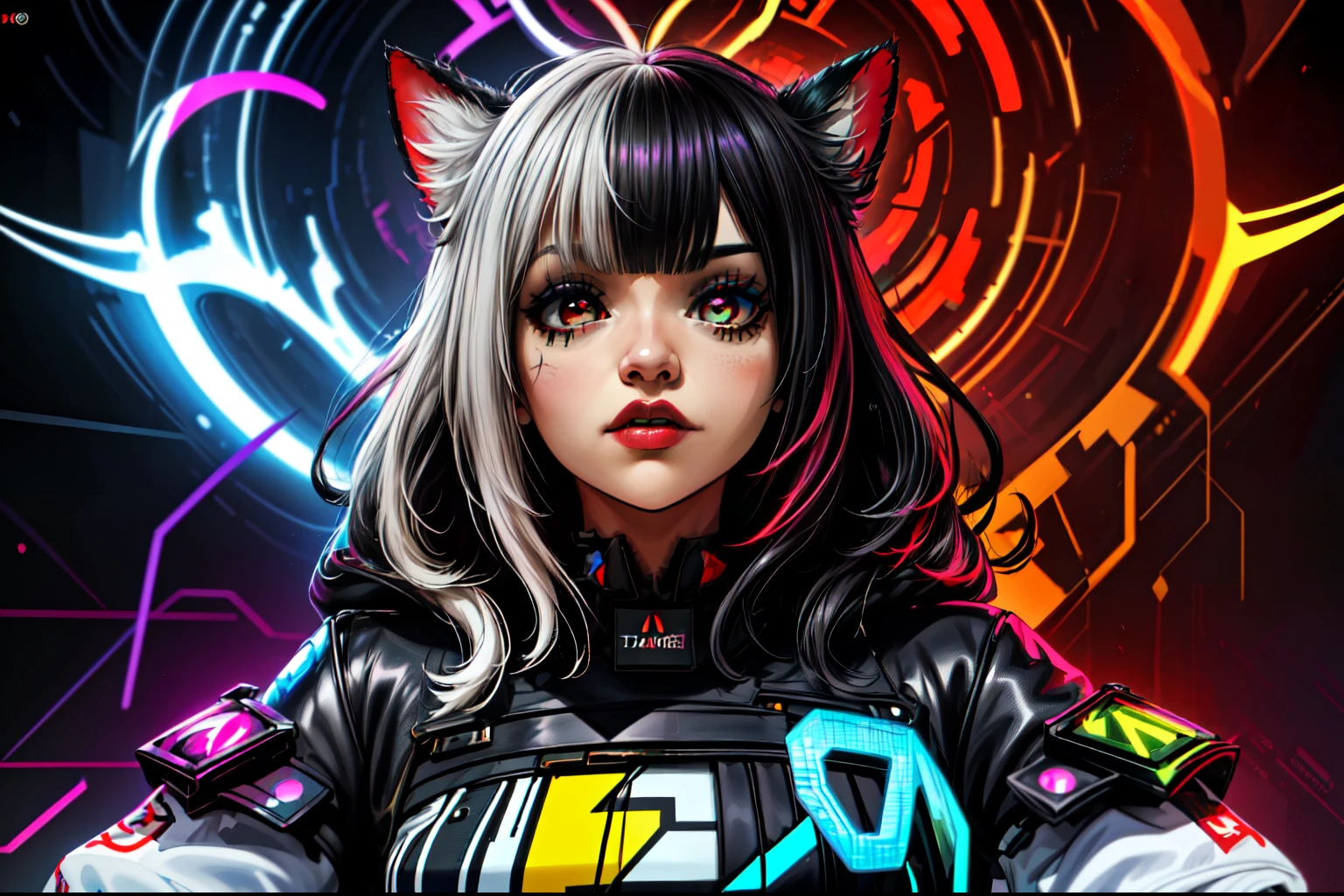  ( junkotvv pelo  con flequillo, orejas de gato, ((ojos rojos))), Hermosos ojos detallados, Ultra-resolution, profundidad de campo), a highly detailed and intricate discord logo, (logos de redes sociales), glitch art, surreal, colorful, psychedelic, abstract, digital art, complex geometric shapes, chaotic, disorderly, asymmetrical, vibrant colors, neon, holographic, 3D render, cinematic lighting, photorealistic, 8k, best quality, masterpiece, 