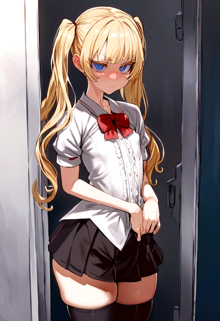 masterpiece, best quality, 1girl, solo, bangs, long hair, twin tails, blonde hair, blue eyes, disgust, small breasts, white blouse, short sleeves, red bow, black skirt thigh-highs, 