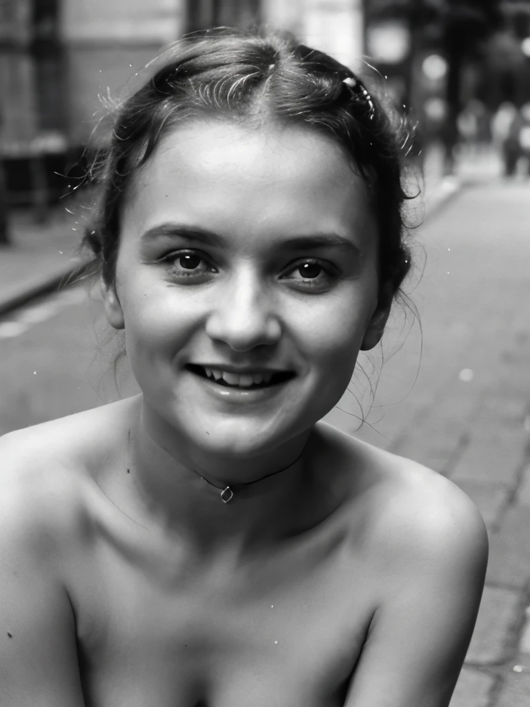 Marie Curie as young woman, topless, on the streets, laughing, ultra detailed face, year 1890, Paris