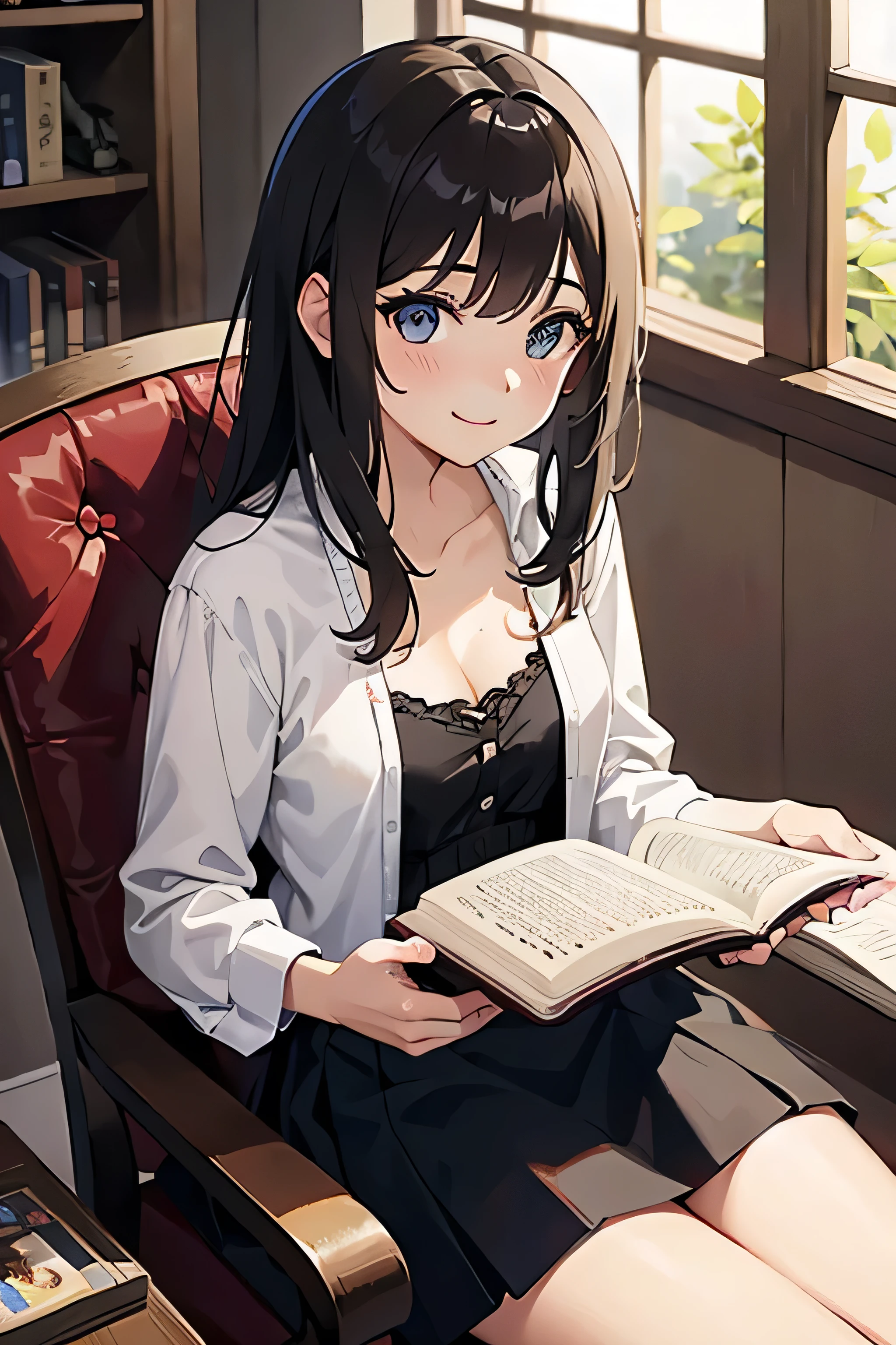 Beautiful older sister、Tree Eyes、Brown hair long、A cheerful smile、Sitting at a desk、reading、I have a book、Reading a picture book、Neat and clean sister、Sexy clothes、Open cleavage、Fashionable clothes、Antique chair、She has her bangs down、mini skirt、Dark Room、Dim lighting、reading、Midnight、It's dark outside、Inside the room、Brown hair tied up、Stylish hair ornament、Your face is flushed