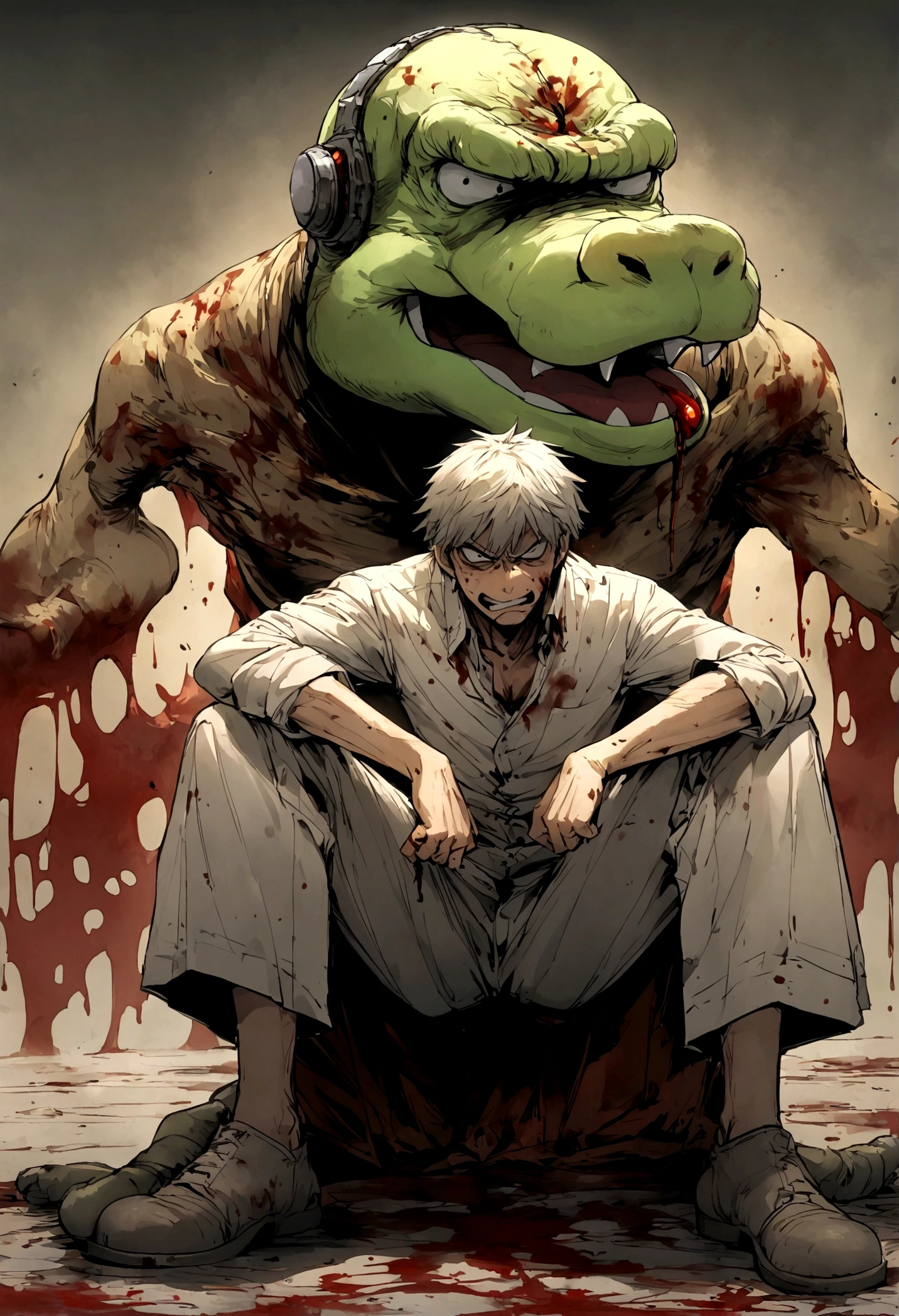 denji from chainsawman eats a piece from yoshi head, blood, angry face, fullbody, sitting.