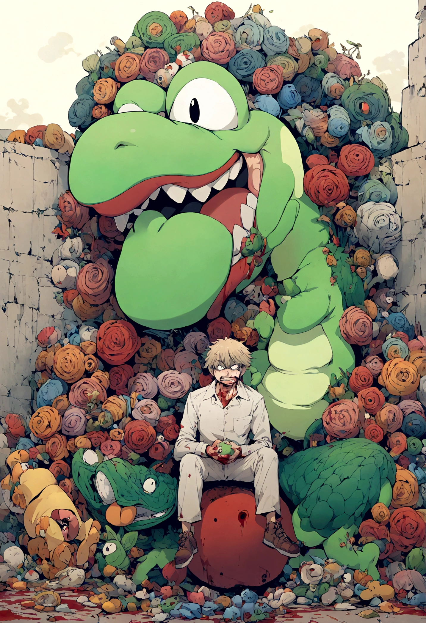 denji from chainsawman eats a piece from yoshi head, blood, angry face, fullbody, sitting.