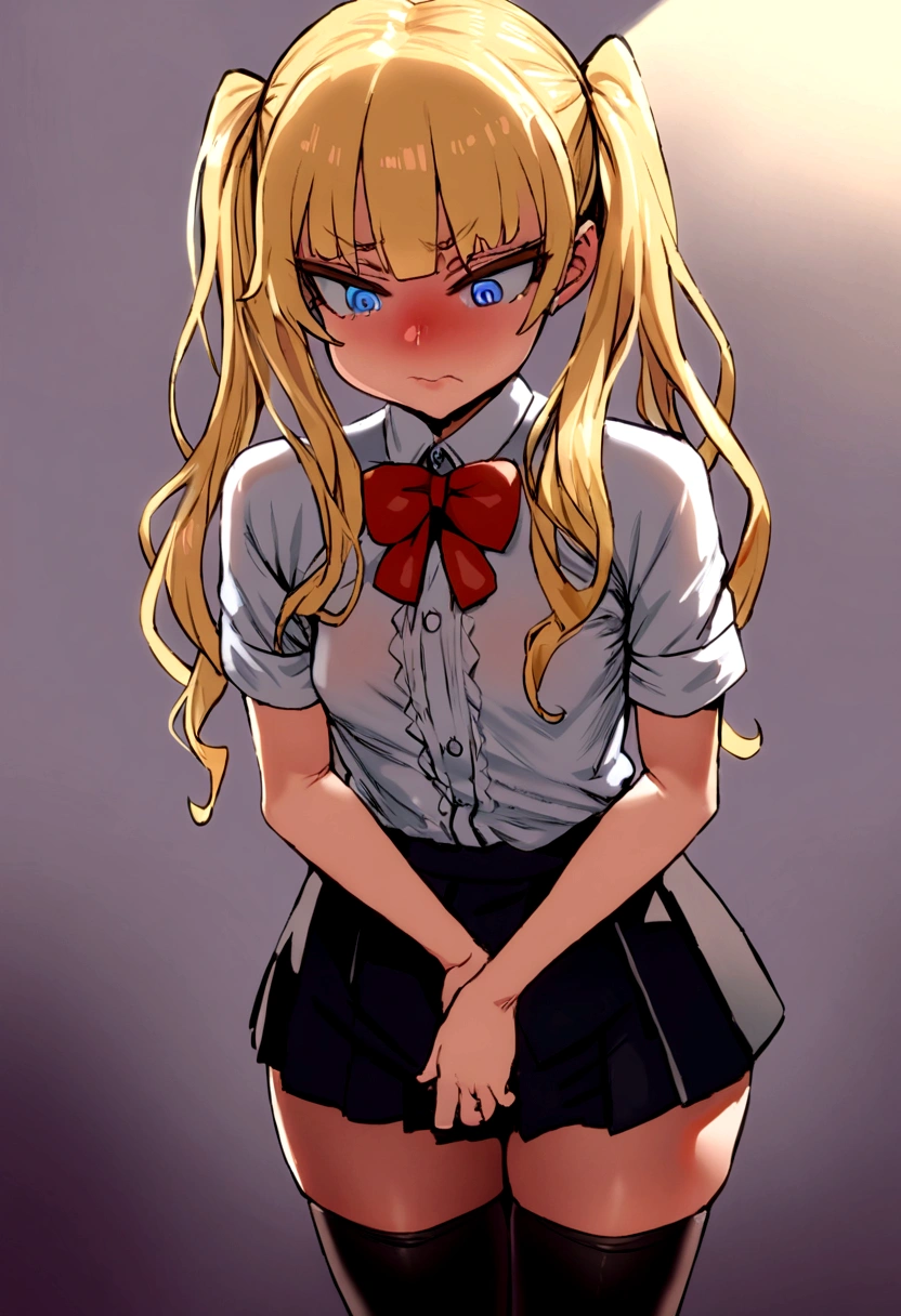 masterpiece, best quality, 1girl, solo, bangs, long hair, twin tails, blonde hair, blue eyes, disgust, small breasts, white blouse, short sleeves, red bow, black skirt thigh-highs, 