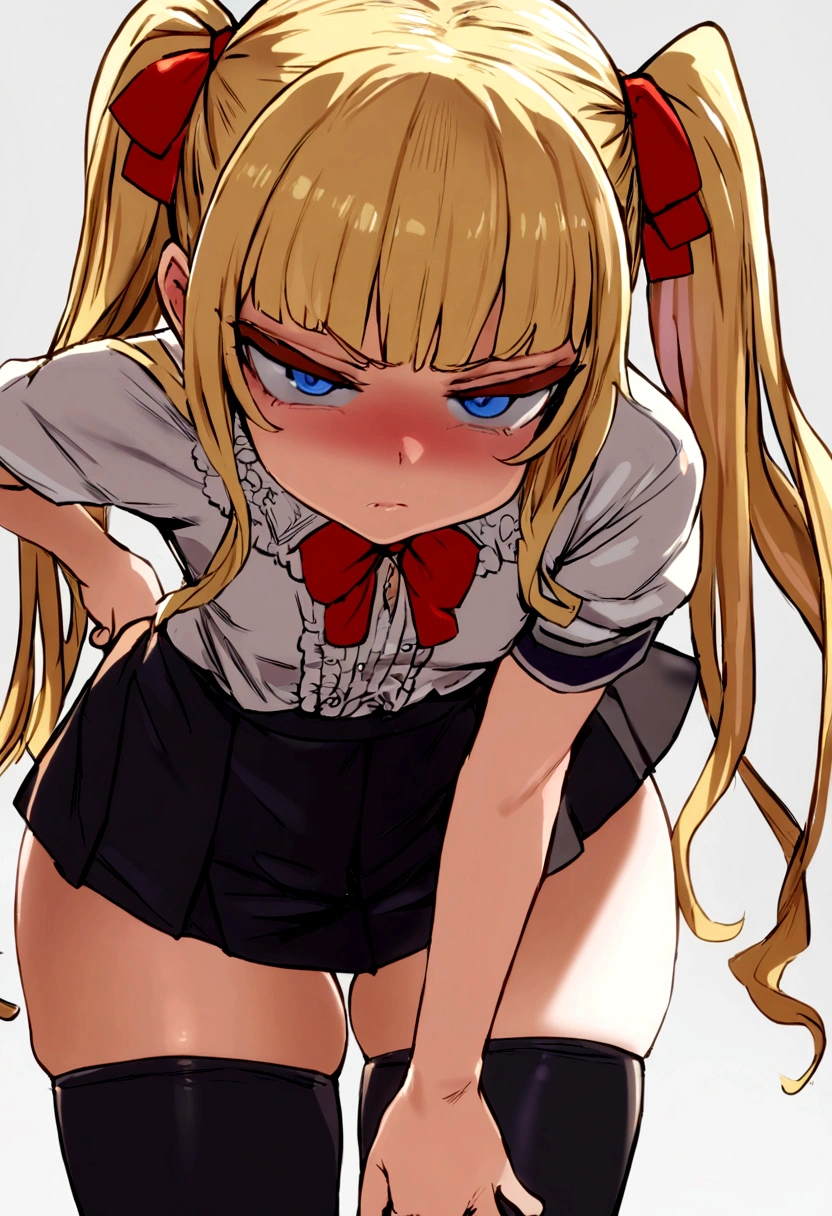 masterpiece, best quality, 1girl, solo, bangs, long hair, twin tails, blonde hair, blue eyes, disgust, small breasts, white blouse, short sleeves, red bow, black skirt thigh-highs, 